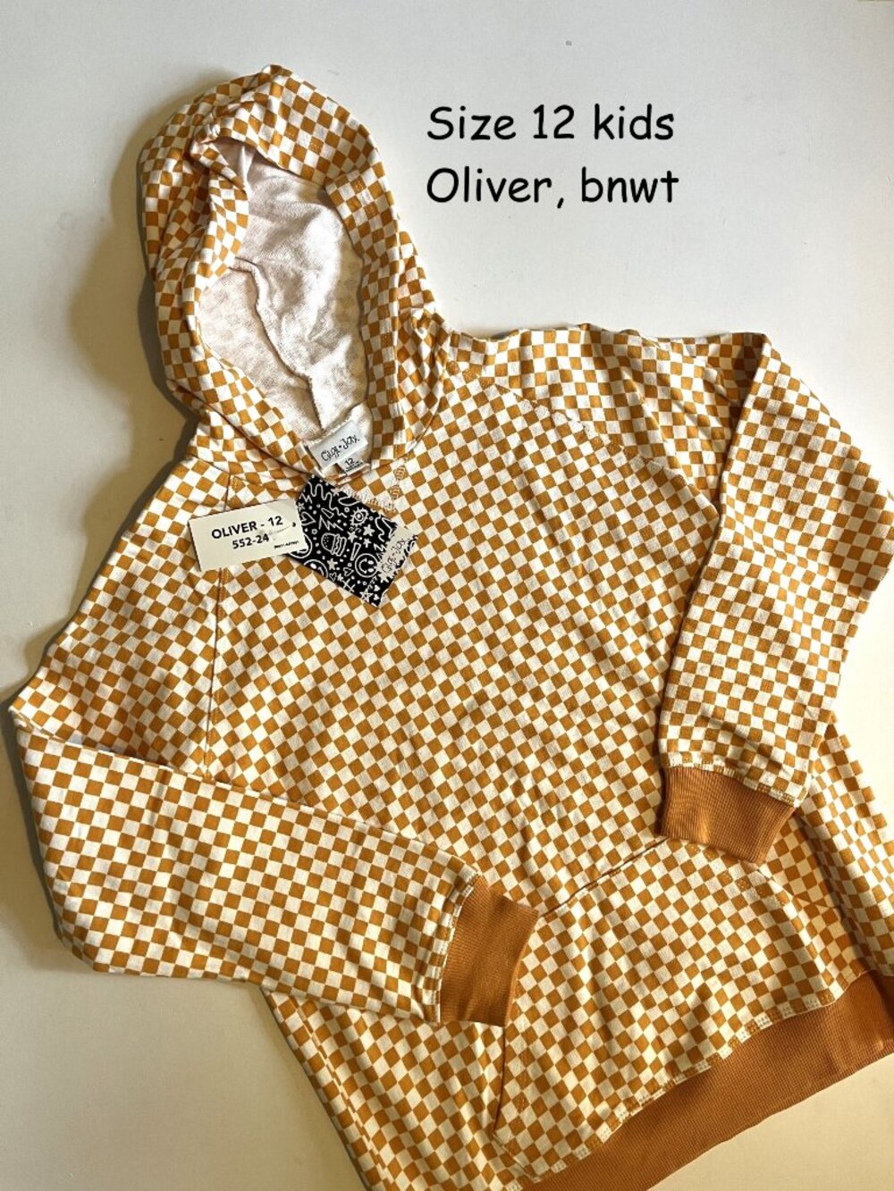 Size 12 Lularoe Kids Gigi & Jax, Oliver hoodie, gold and white checkered squares